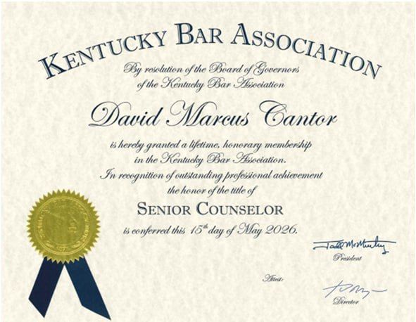Kentucky Bar Association senior counselor certificate with gold seal and blue ribbon for David Marcus Cantor
