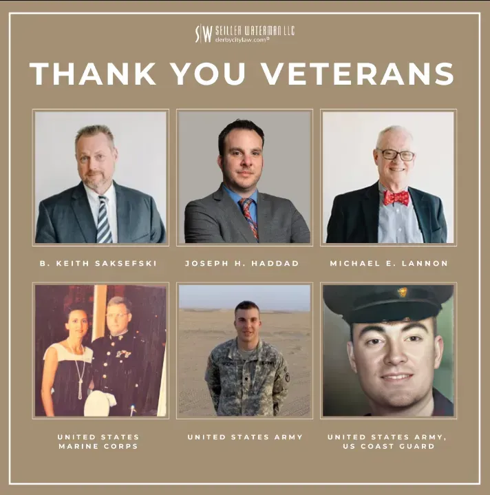 Thank you Veterans graphic: six men, three in suits, three in military photos, celebrating Veterans. Brown background.