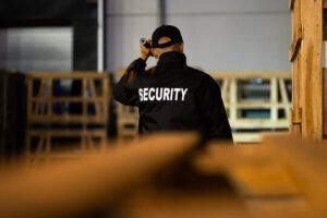 Hunter James Security emblem with American flags and eagle.