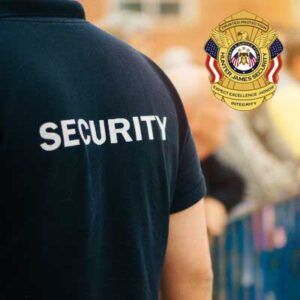 Hunter James Security emblem with American flags and eagle.