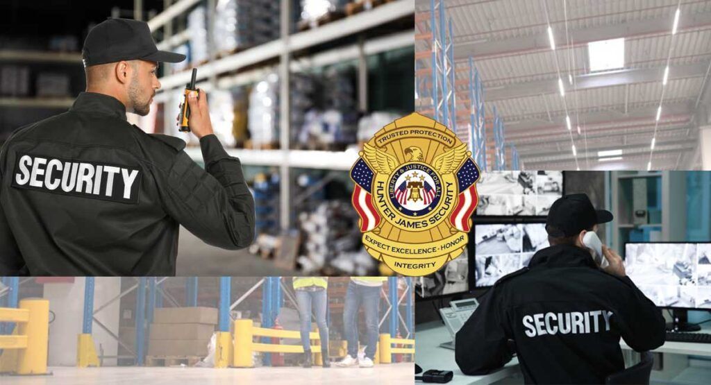 Security personnel in warehouse and control room with badge; monitoring activity.