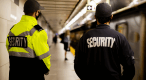 Hunter James Security emblem with American flags and eagle.