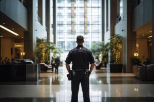 Hunter James Security emblem with American flags and eagle.