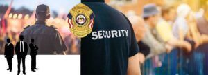 Security personnel at an event. People in the background. Badge and 