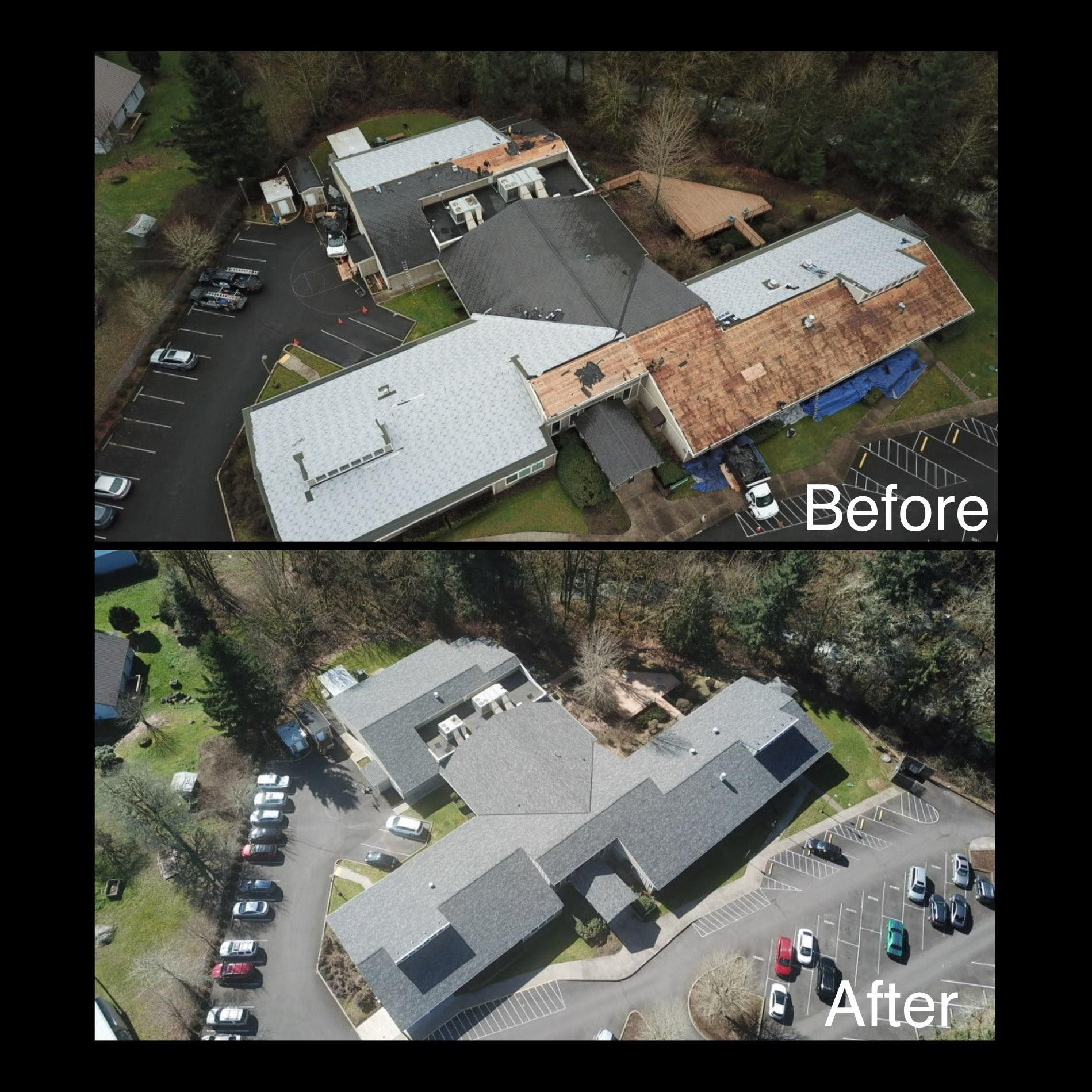 An aerial view of a building before and after being remodeled