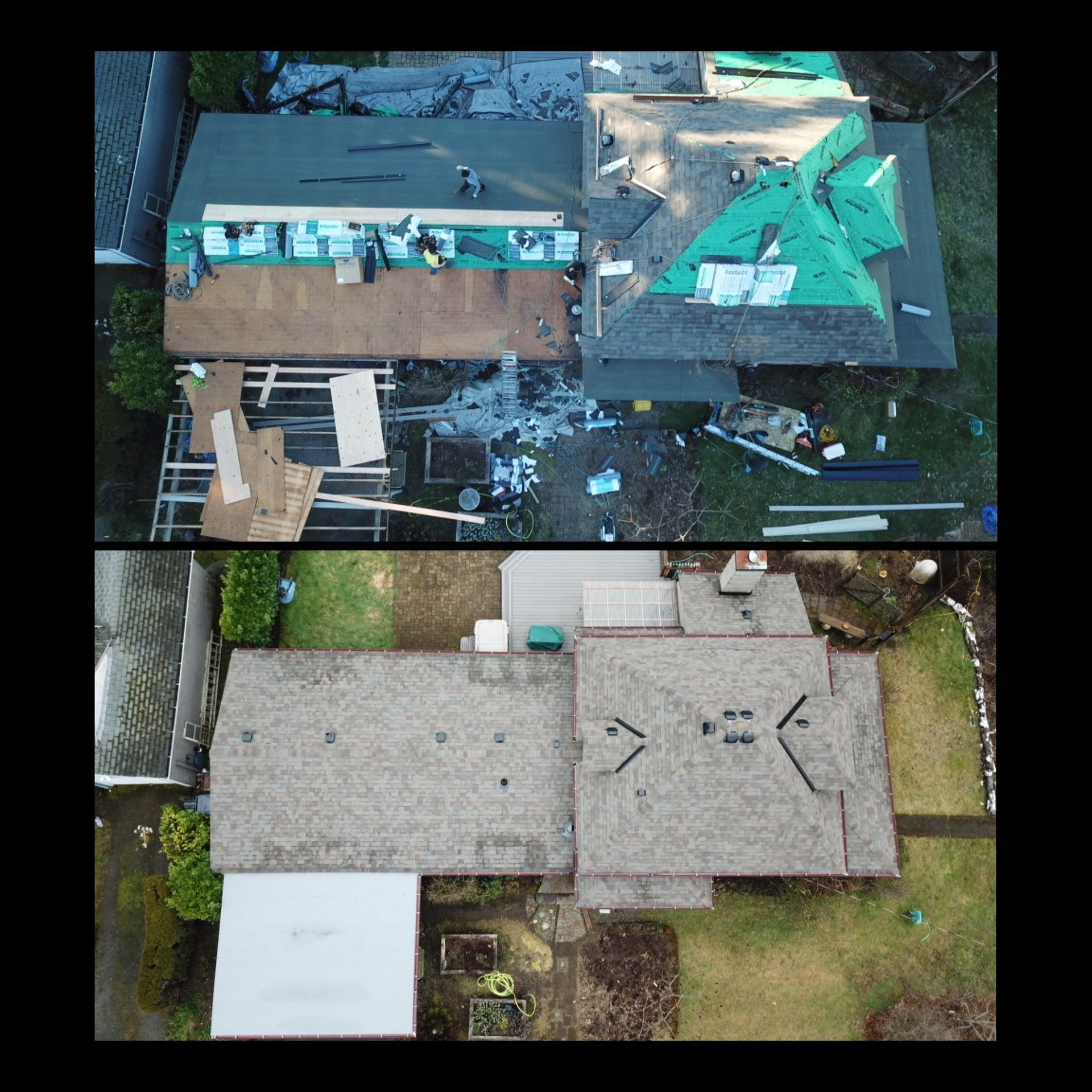 An aerial view of a house before and after a roof replacement