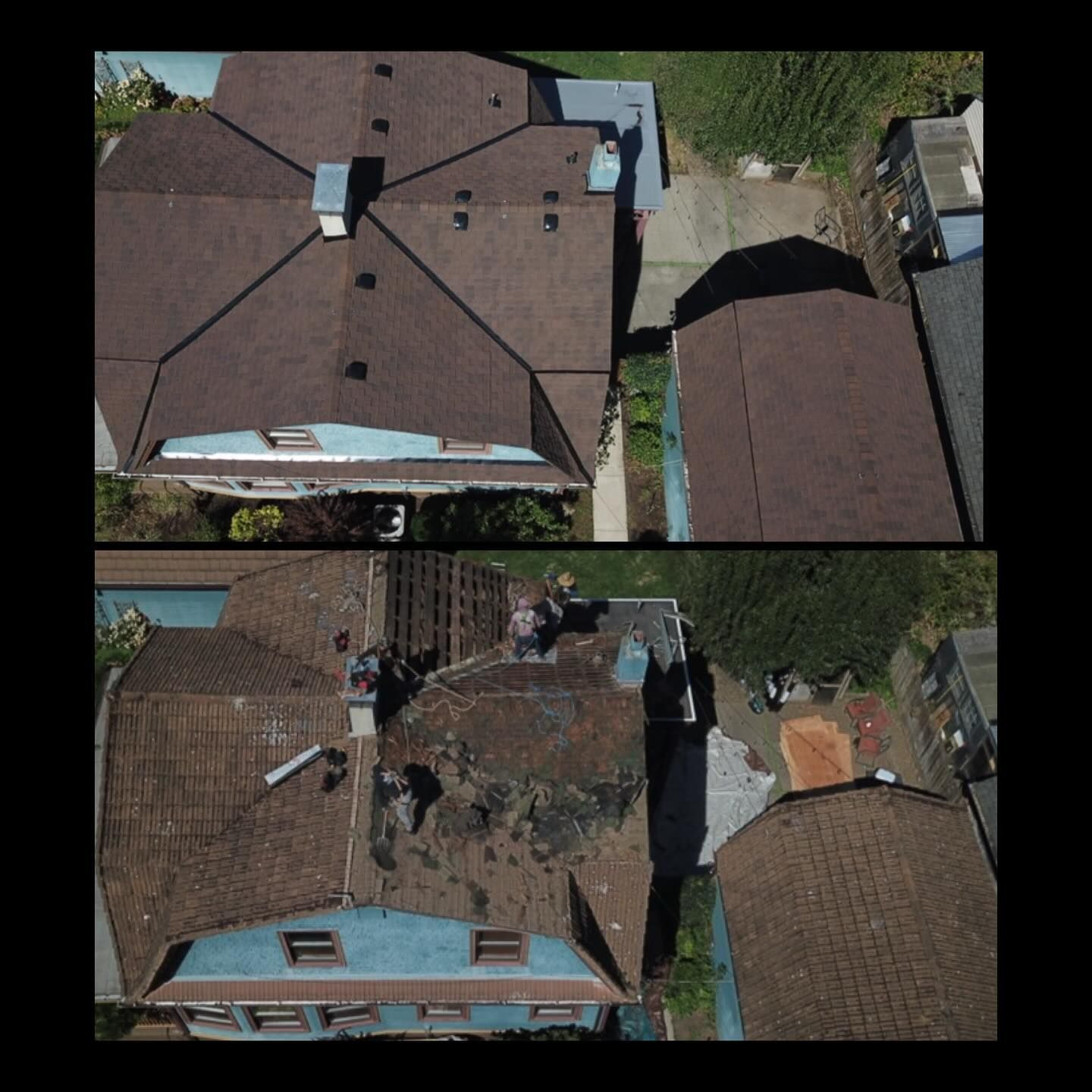 An aerial view of a roof before and after being repaired.