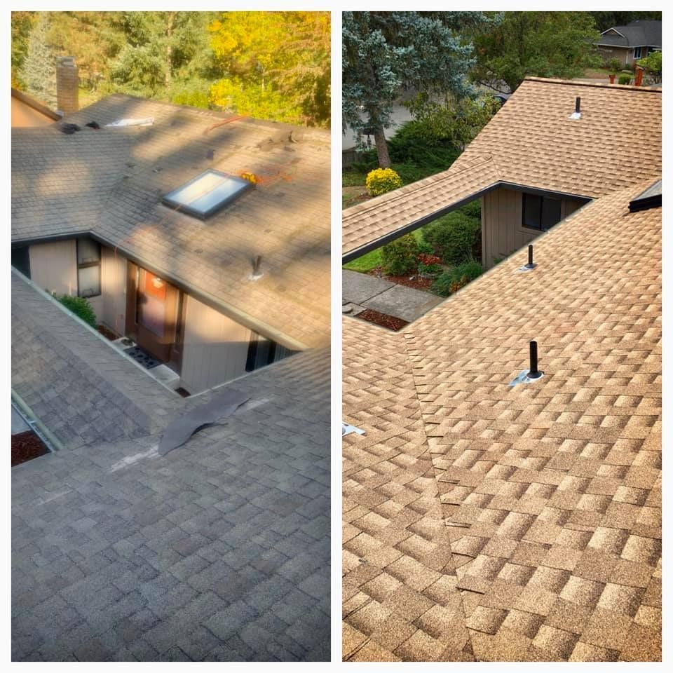 A before and after picture of a roof with a skylight.
