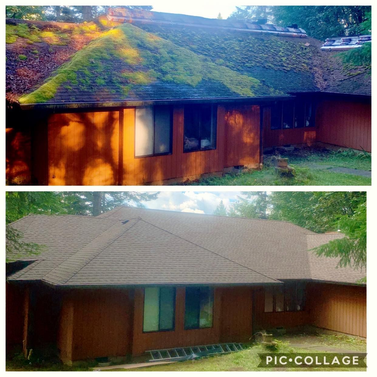 A before and after picture of a house with a roof that is covered in moss.