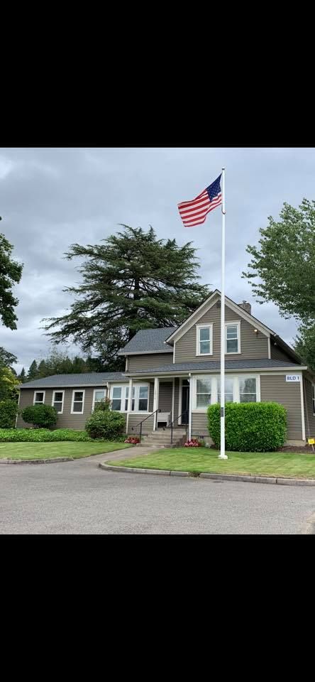 A house with a flag on a pole in front of it.
