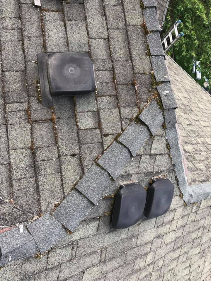 A close up of a roof with a ladder on top of it.