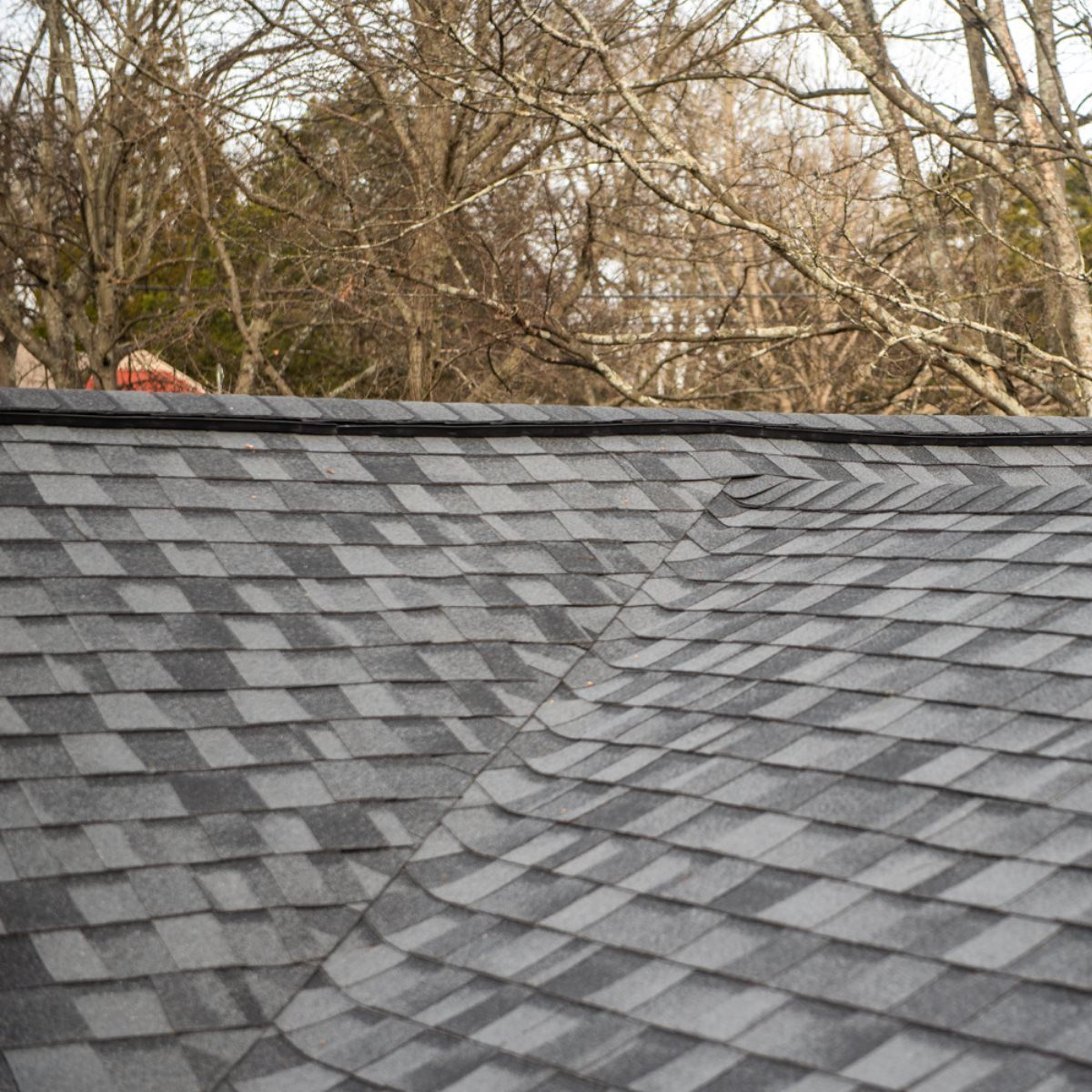 A close up of a roof with trees in the background.