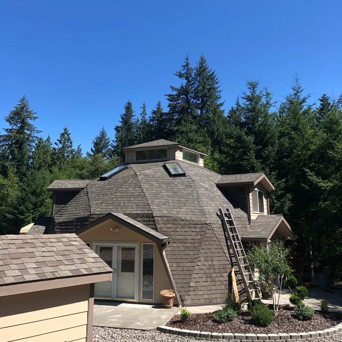 A dome shaped house with a ladder on the roof.