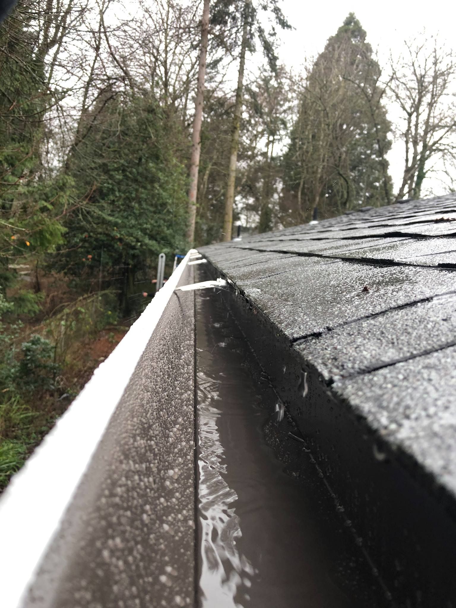 A close up of a gutter on a roof with trees in the background.