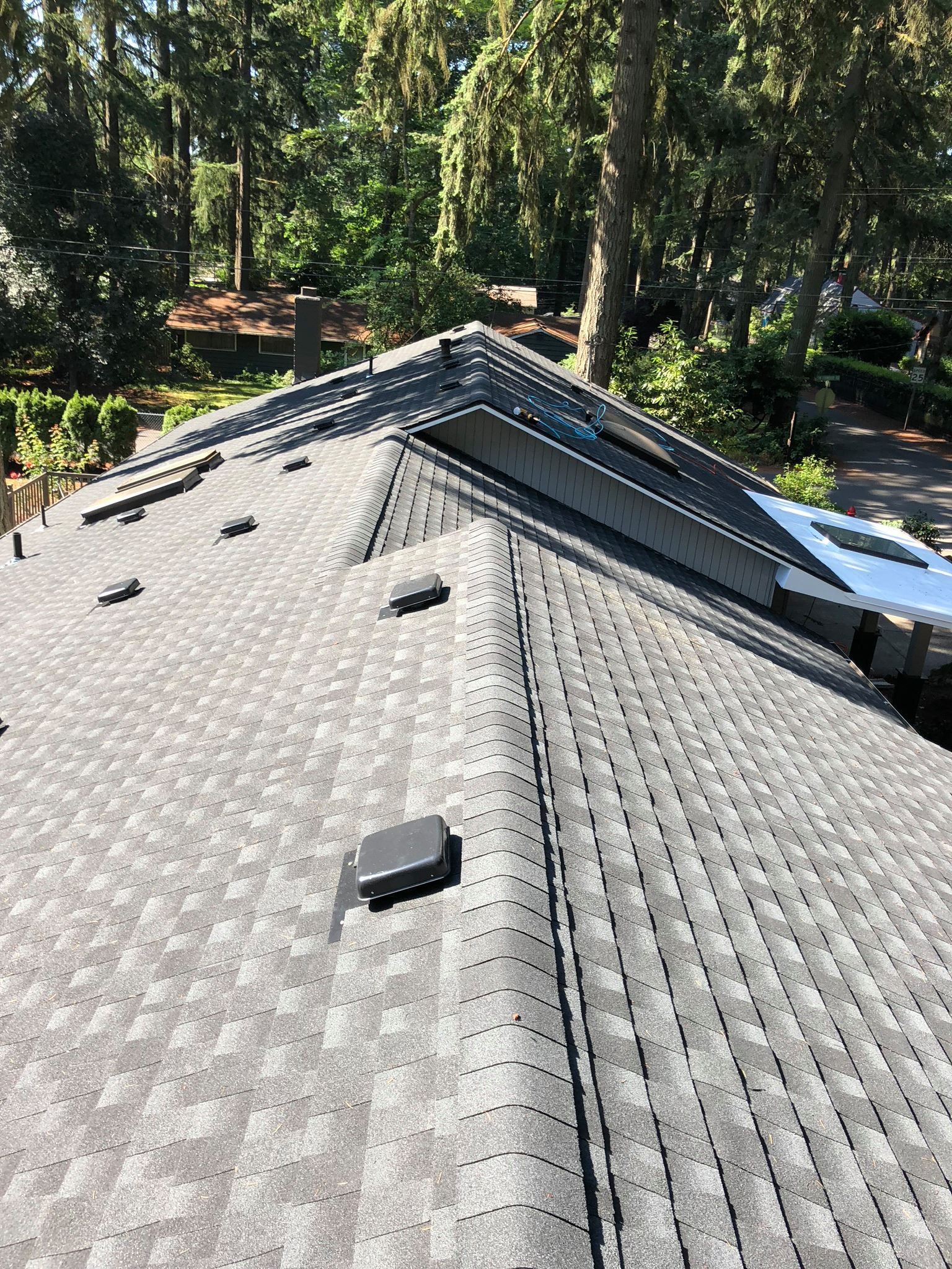 A close up of a roof with trees in the background.