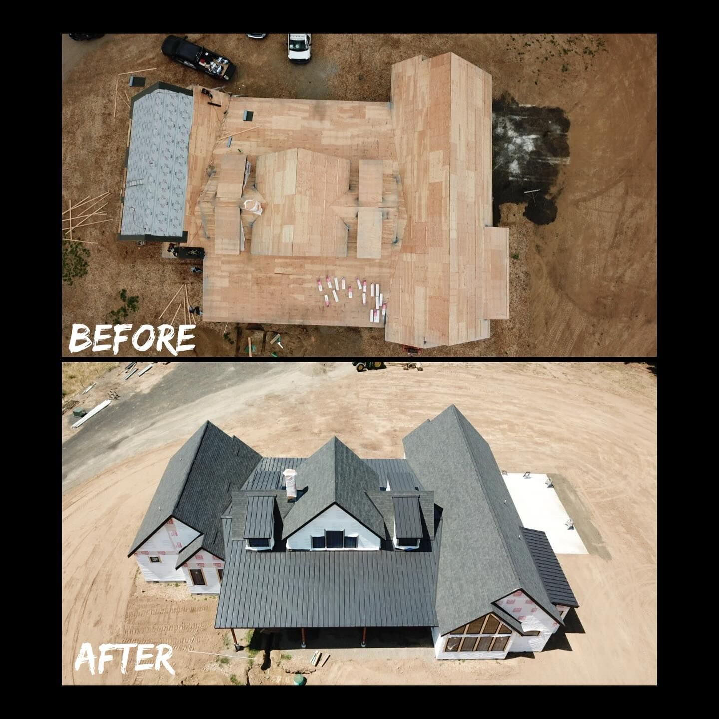 A before and after picture of a house under construction.