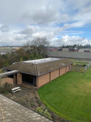 An aerial view of a brick building with a roof that is covered in moss.