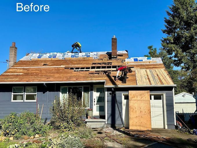 A before picture of a house with a roof being installed.