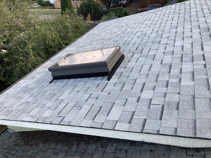 A roof with a skylight on top of it.