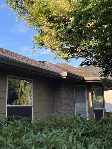 A house with a tree in front of it and a blue sky in the background.