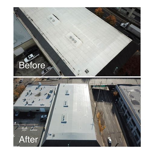 A before and after picture of a roof of a building.