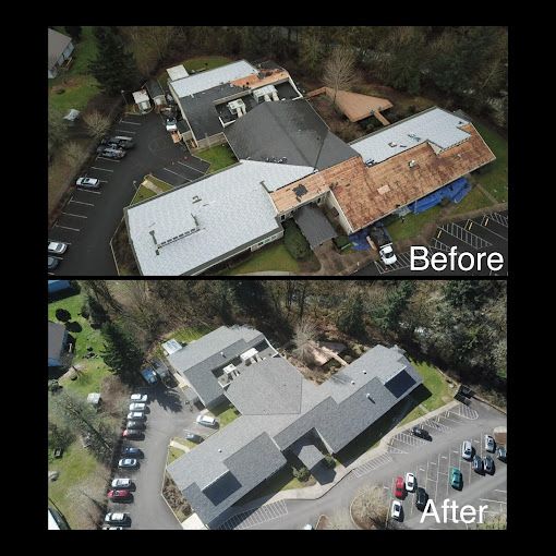 An aerial view of a building before and after being remodeled.