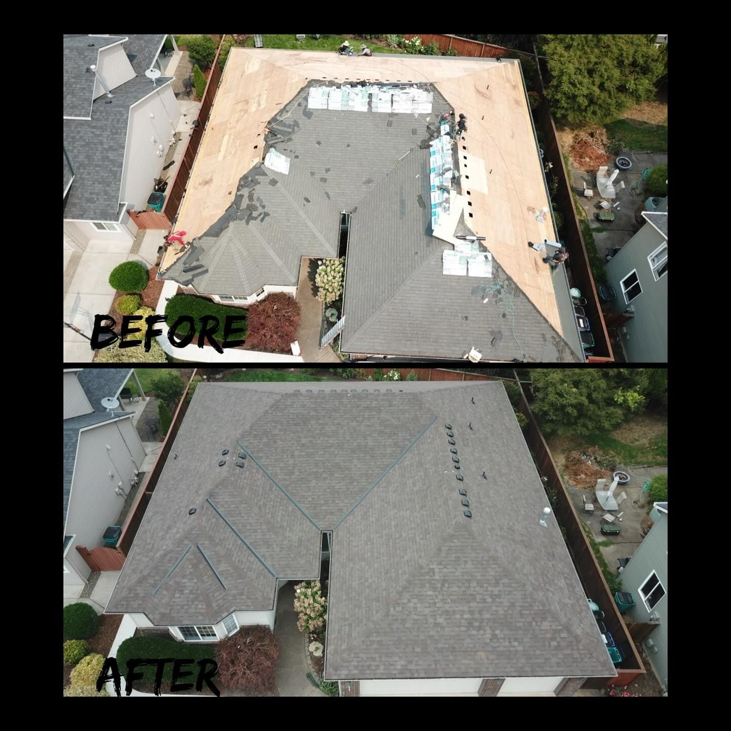 An aerial view of a before and after picture of a roof.