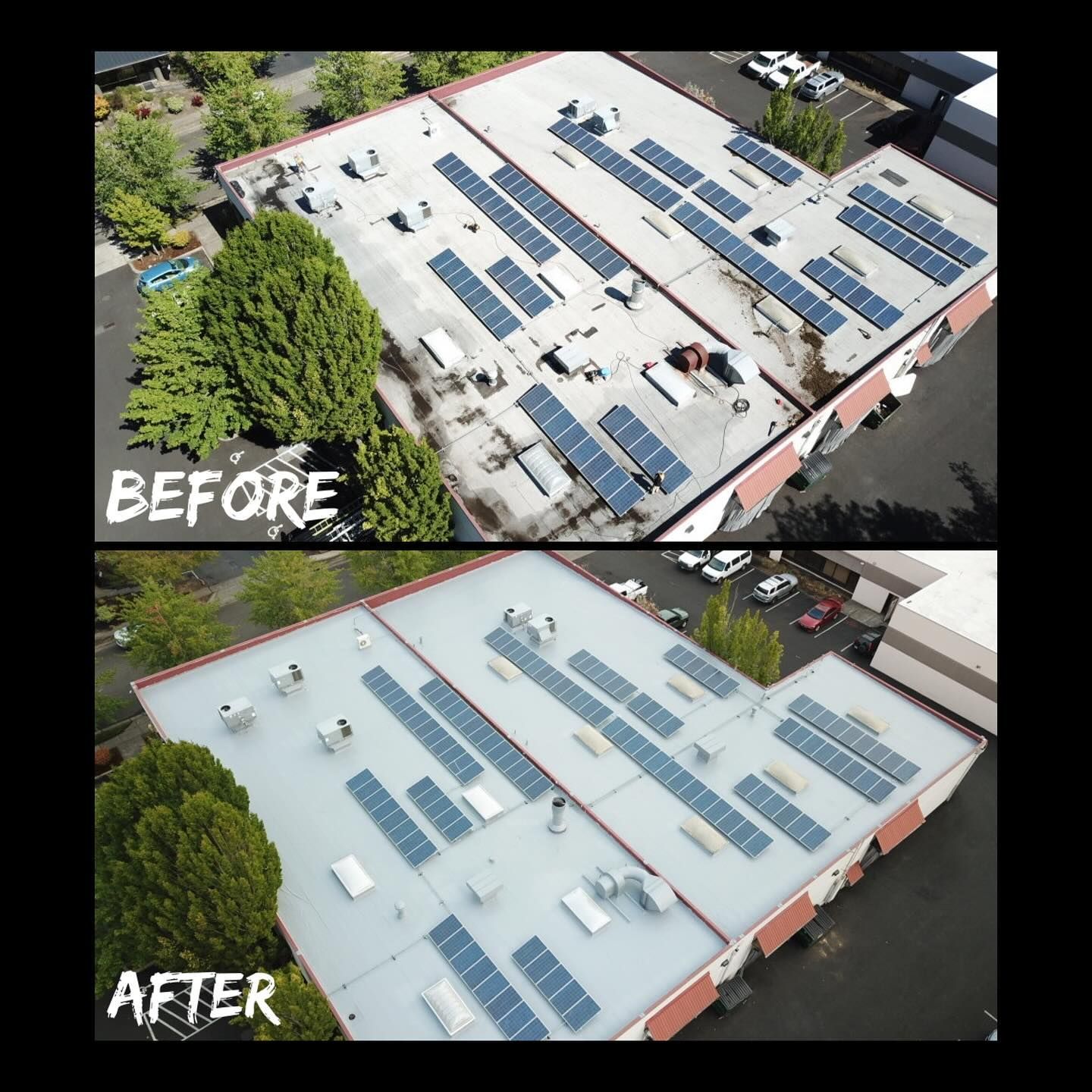 A before and after picture of a building with solar panels on the roof.