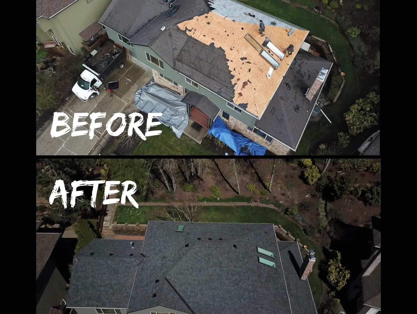 An aerial view of a house before and after a roof replacement.