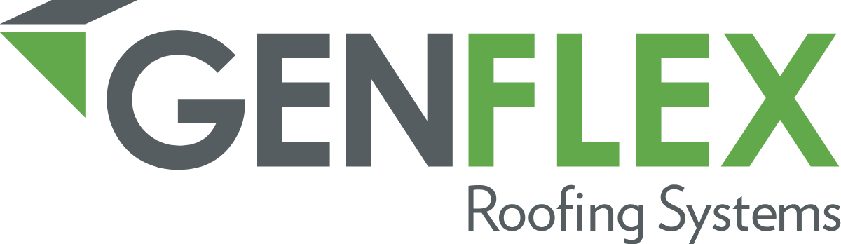 Logo for Genflex Roofing Systems: gray and green text with a geometric design element.