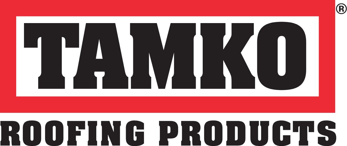 TAMKO Roofing Products logo in black text, with a red background and white border.