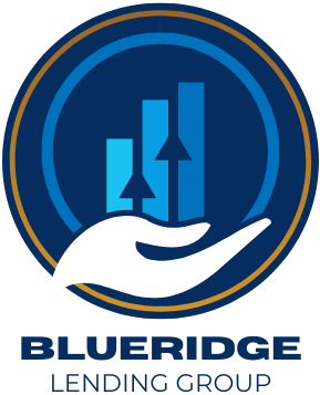 Logo for Blue Ridge Lending Group: hand holding rising financial bars with arrows, within a blue and gold circle.