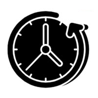 Black clock icon with a circular arrow, suggesting a timer or restart symbol