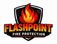 Flashpoint Fire Protection logo with red-orange flame over bold black and red text on shield icon