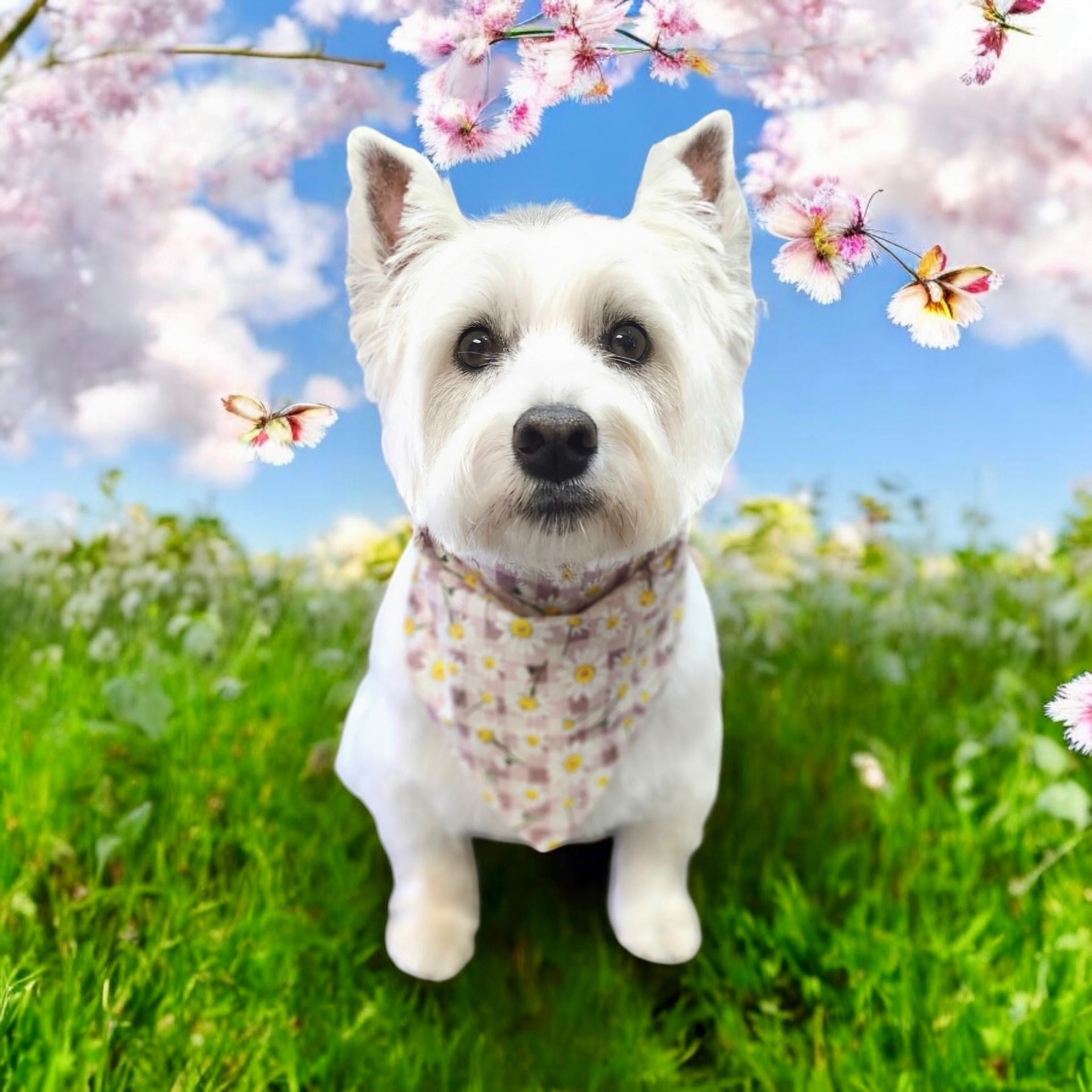 White dog with a floral bandana sits in a field of green grass under blooming cherry blossom trees.