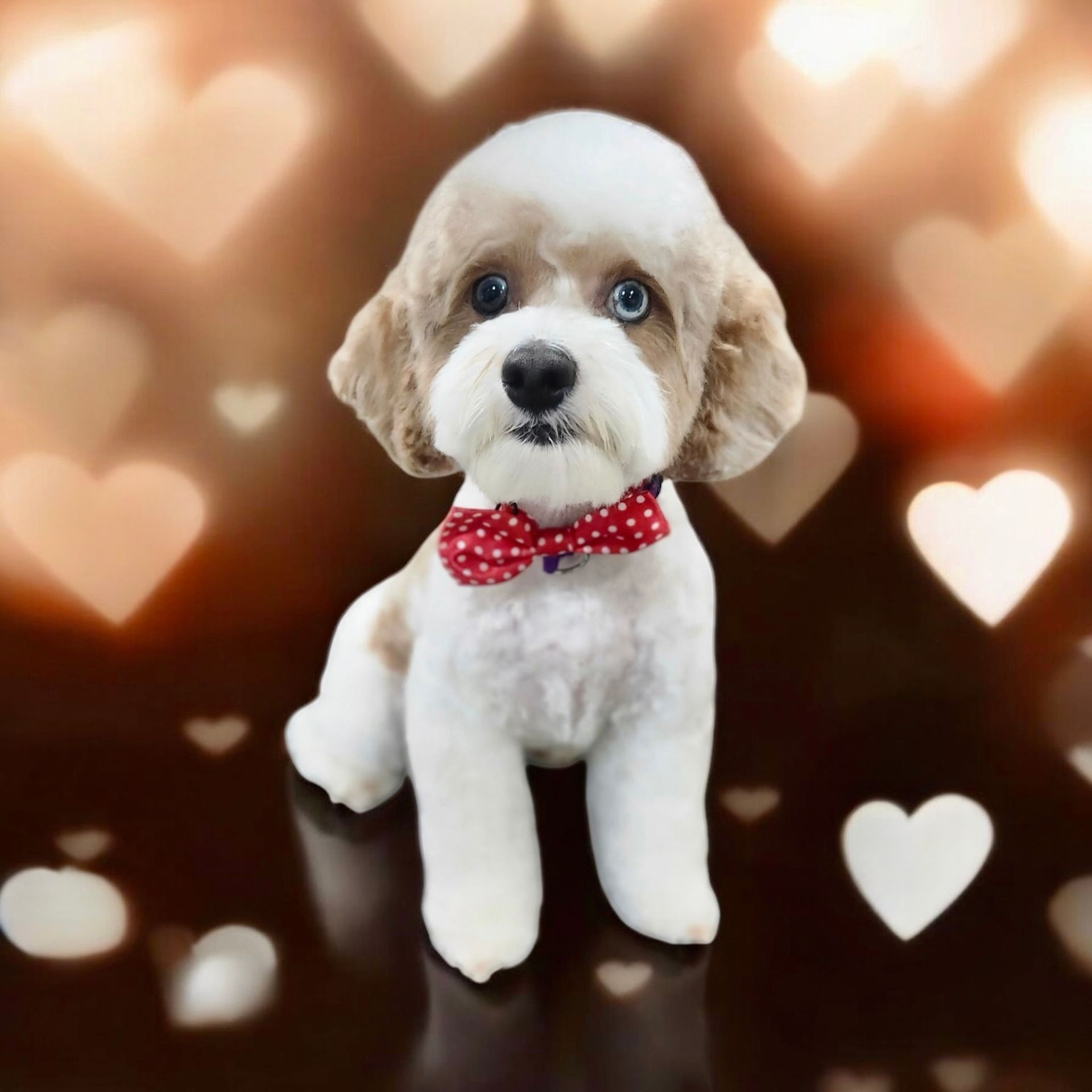 A well-groomed, white and brown dog wearing a red polka-dot bow tie, set against a bokeh heart background.