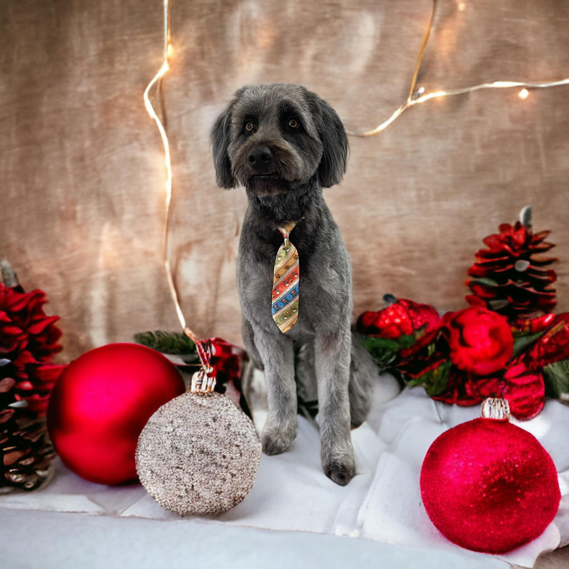 Gray dog wearing a tie sits among Christmas decorations including ornaments and pine cones.