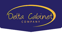 Delta Cabinet Company logo in yellow script on a dark blue background with a yellow oval outline