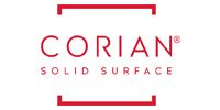 Corian Solid Surface logo in red text with red bracket marks on a white background