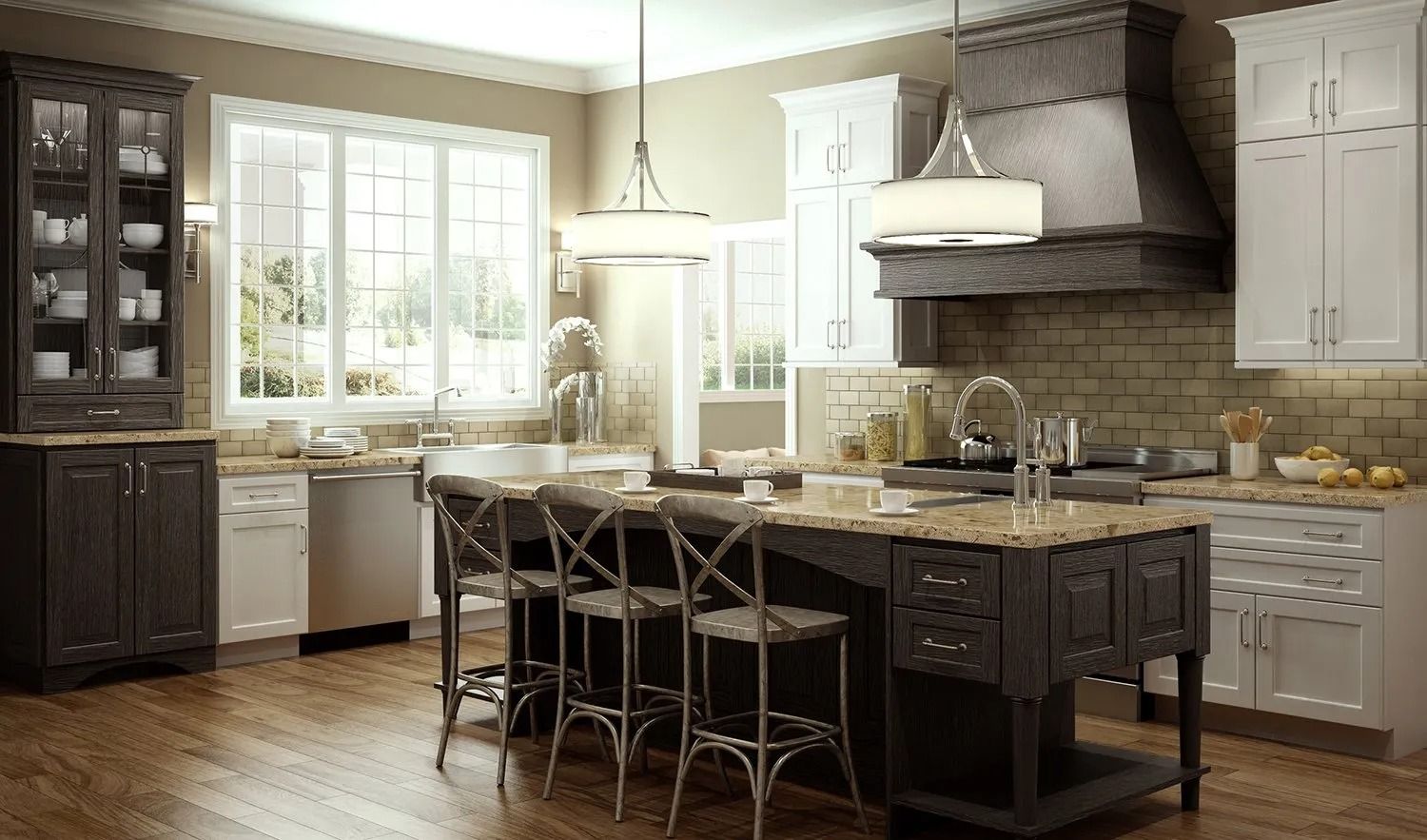 Modern kitchen with dark island, white cabinets, large window, and pendant lights