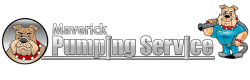 Maverick Pumping Service logo with bulldog mascot and cartoon worker in blue overalls