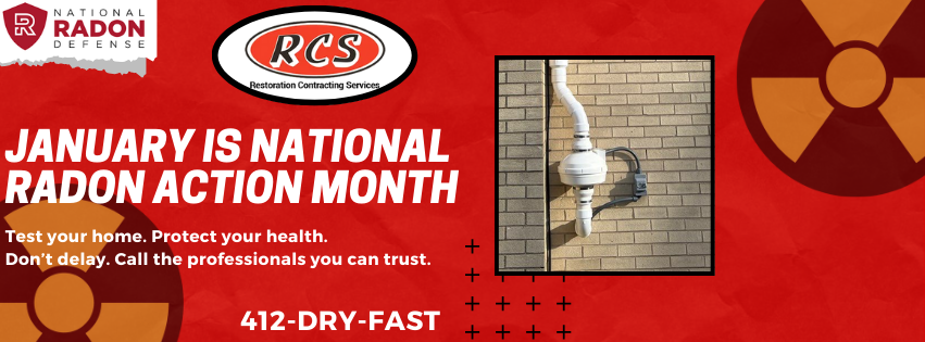 Red advertisement for National Radon Action Month with radon mitigation system on a brick wall.