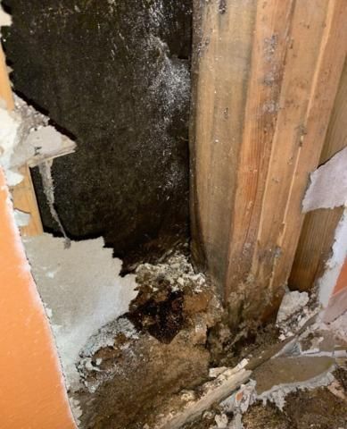 there is a hole in the wall between two wooden pillars