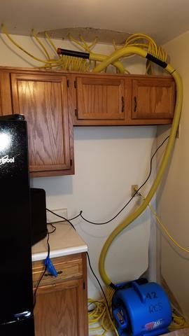 a kitchen with a black refrigerator and a blue dryer