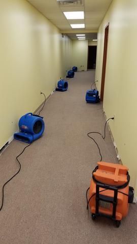 a long hallway with a bunch of dryers on the floor