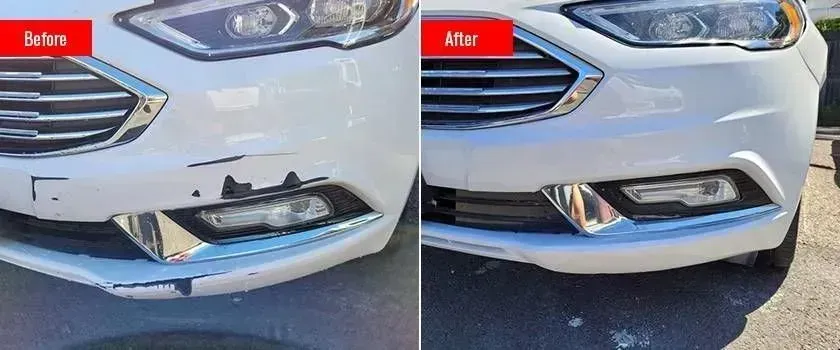 Before-and-after comparison of a car’s front bumper and grille repair, with chrome trim and fog light visible.