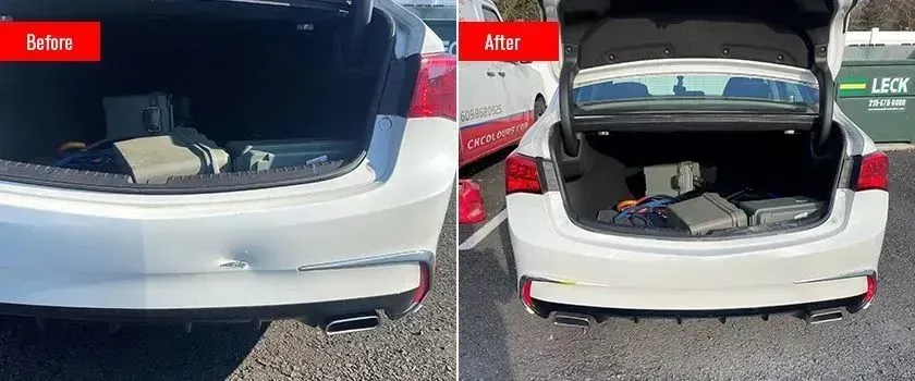 Before and after of a white car's trunk, showing a dent on the bumper. The dent is gone in the after shot.