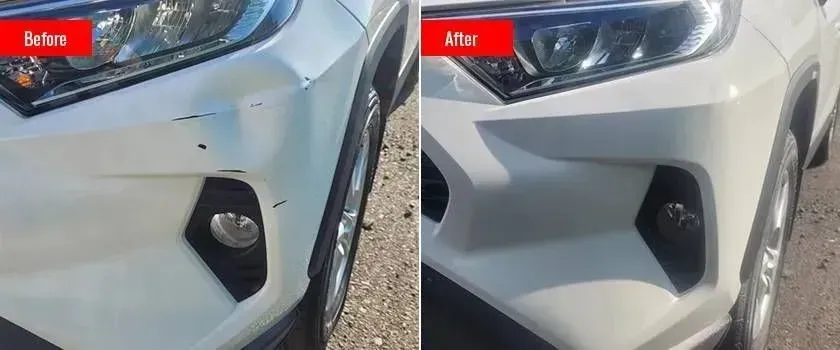 Before and after image of a white car bumper. The before image has dents and scratches, the after is repaired.