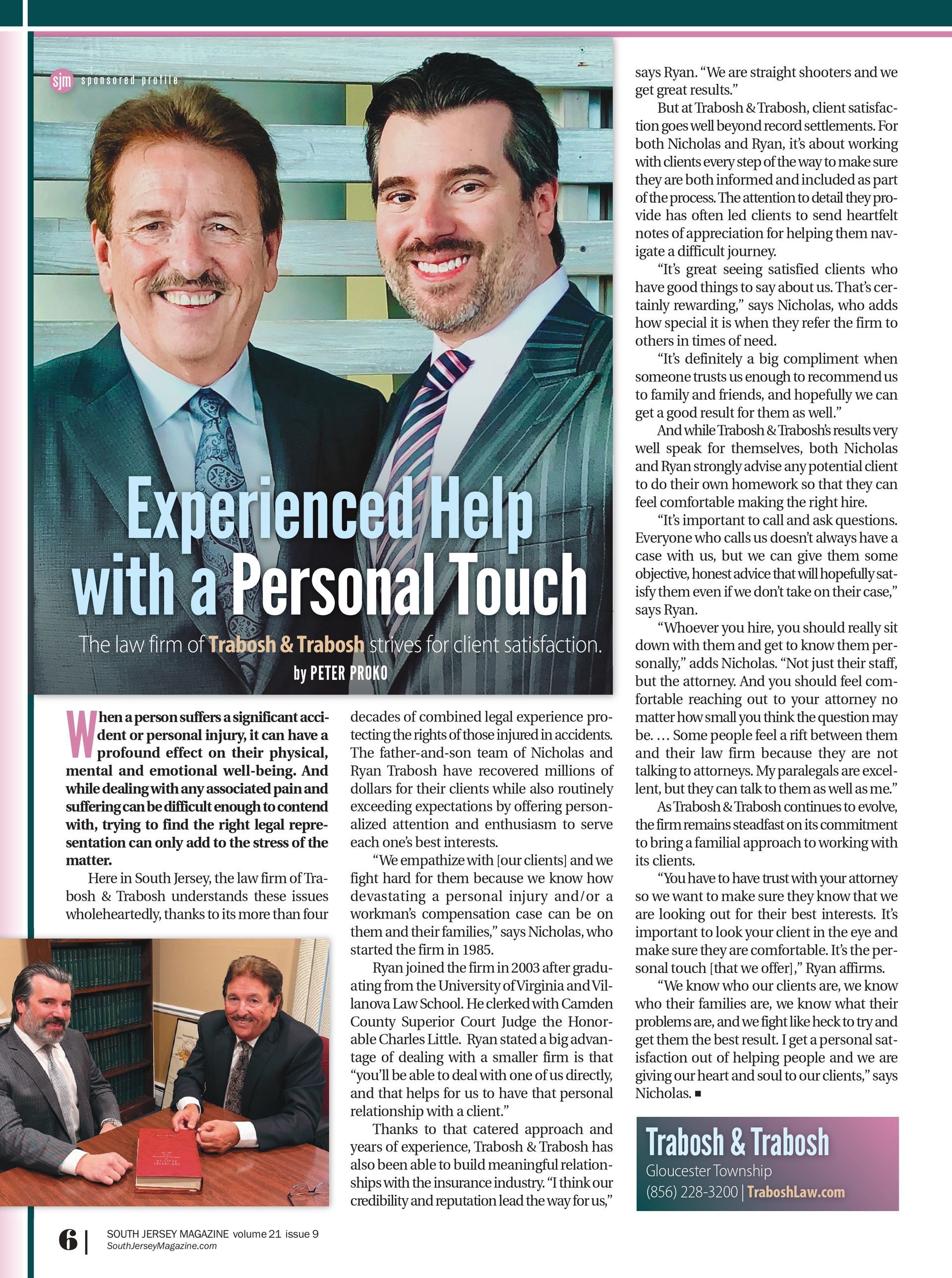 An advertisement for Trabosh & Trabosh featuring portraits of two professional men