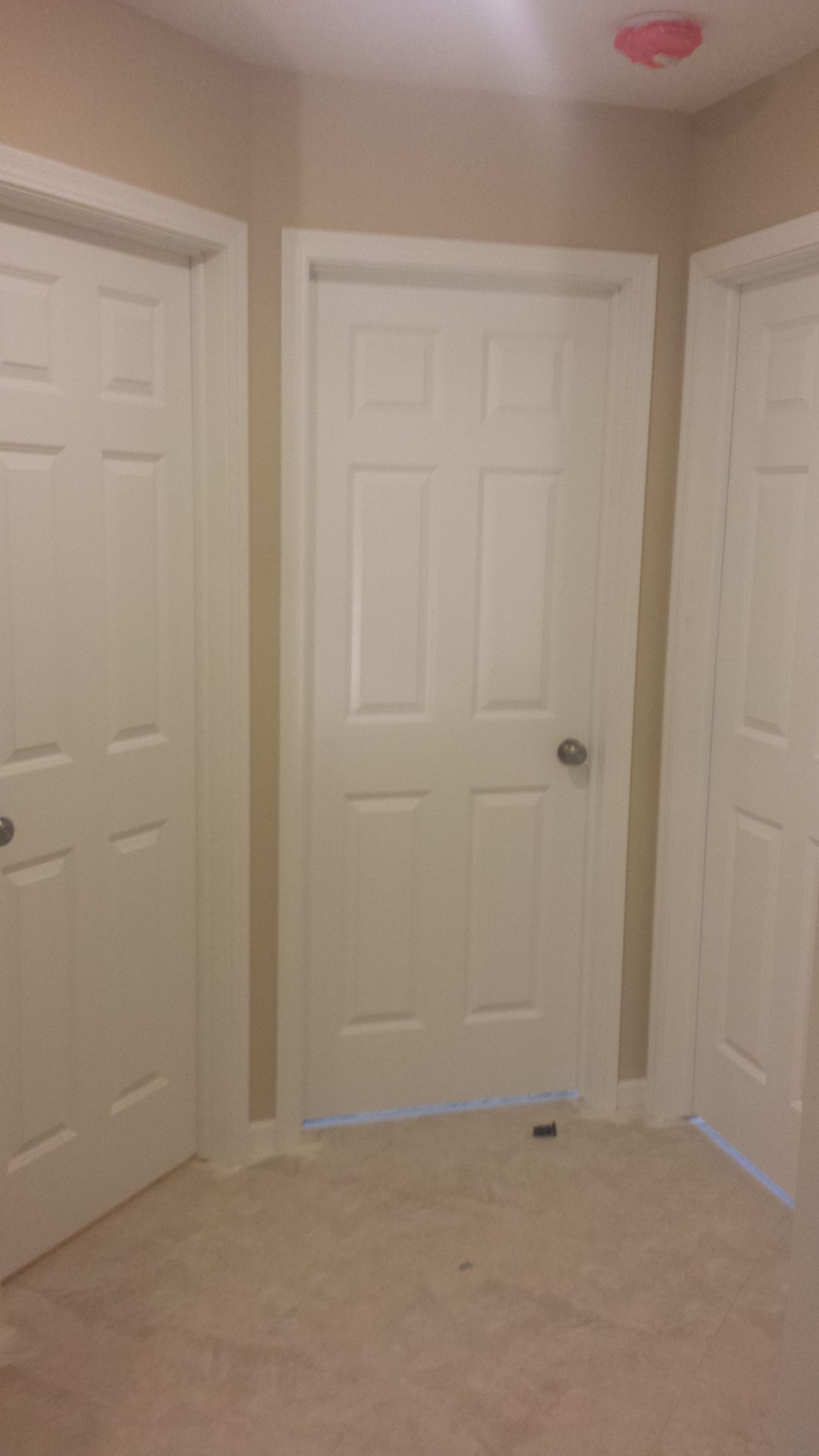 A room with a lot of white doors and a carpeted floor.